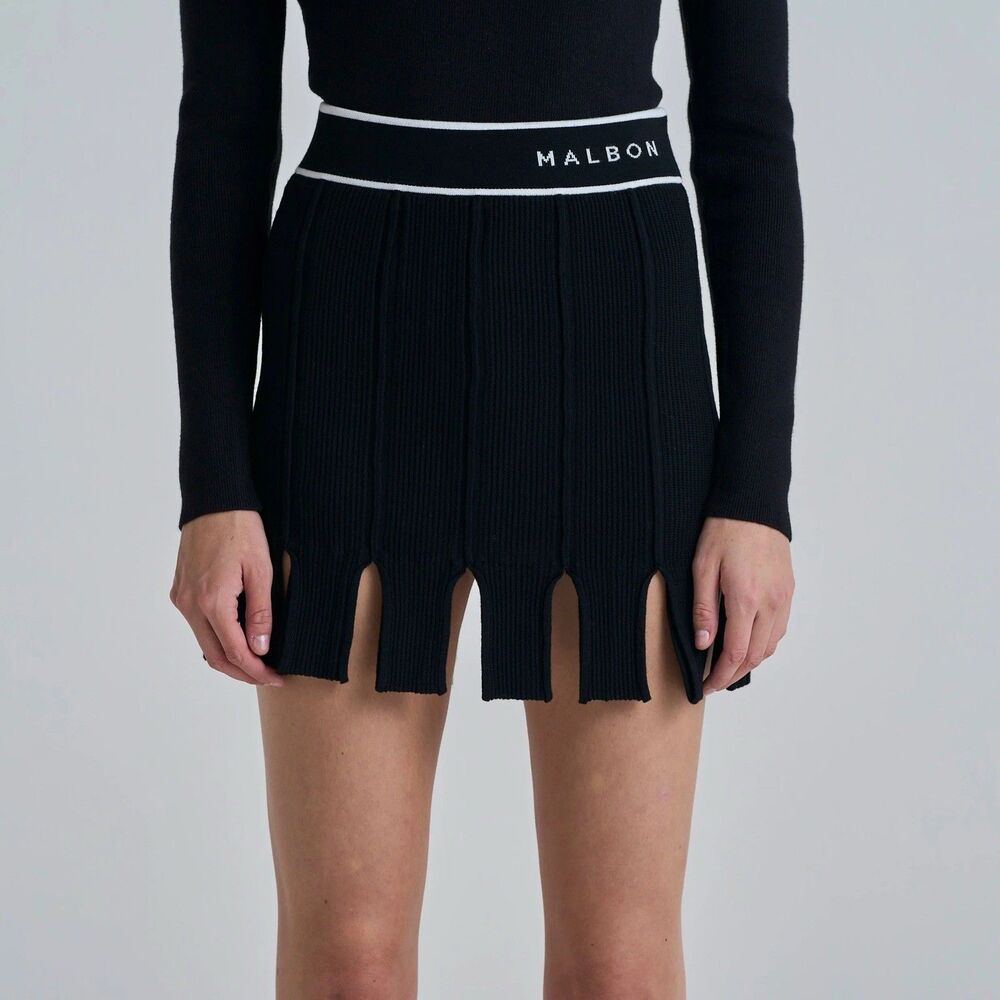 Malbon Golf Women’s Honor Skirt Black Knit Fringe Hem Logo Waistband Sz Medium